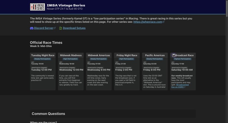 Kamel GT community site homepage, showing official race times