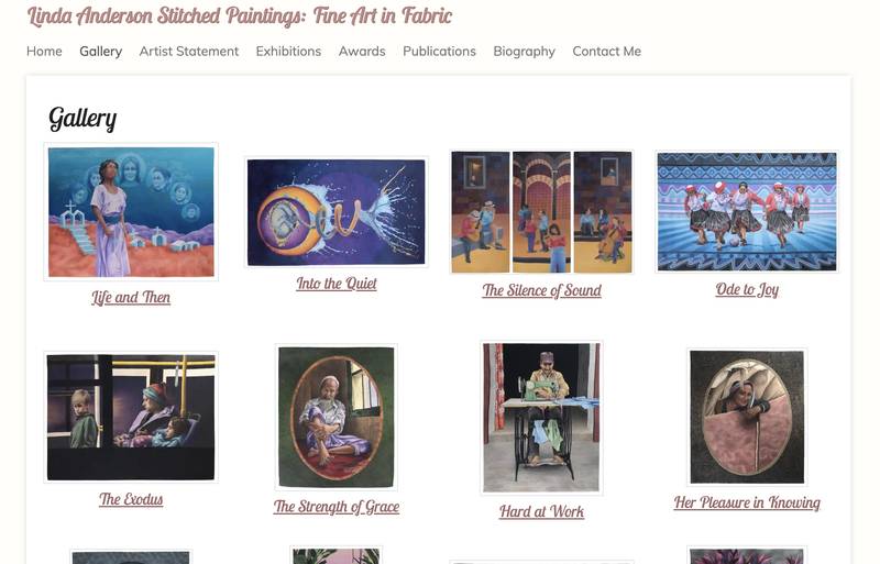 LA Art Quilts gallery page, showing a grid of Linda Anderson's quilted pieces