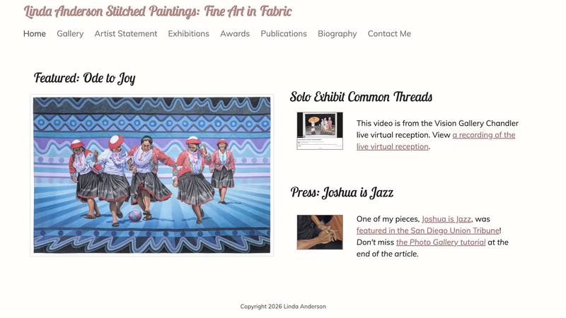 LA Art Quilts homepage, featuring fiber artist Linda Anderson's quilted piece "Ode to Joy"