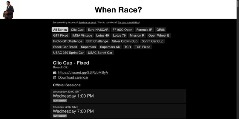 When Race? homepage, listing low-participation iRacing series