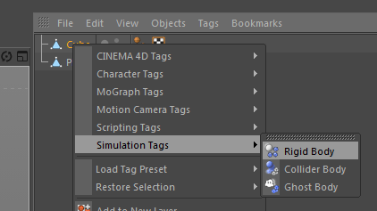 The available dynamics tags in "Cinema 4D Broadcast"